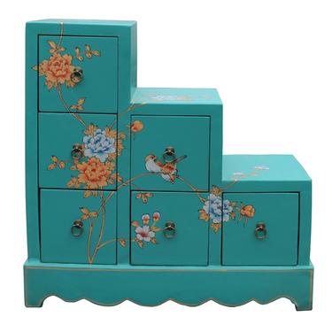 Oriental Turquoise Aqua Color Small Step Tansu Cabinet cs5011S