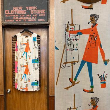 Vintage 1960’s Beatnik Mod Cartoon Painter Pop Art Dress, Vintage 1960’s, Beatnik, Pop Art, Vintage Dress, Cartoon Print, Artist 