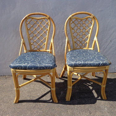 Pair of Rattan Chairs Woven Seat Bohemian Boho Chic Style Coastal Chinese Chippendale Chinoiserie Bamboo Miami Seating Desk Tropical Accent 