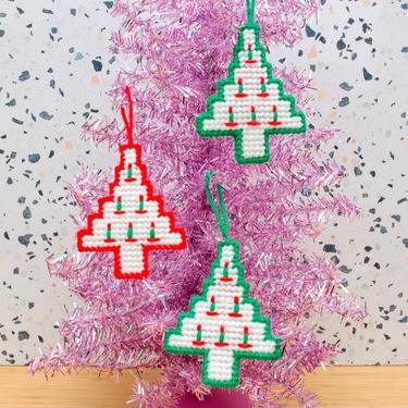 Vintage 1970s Christmas Tree Ornaments - Handmade Tree Ornament Cross Stitch Holiday Decoration Christmas Decor - Set/3 