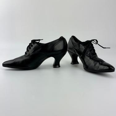 1900 - 1920's Spool Heel Shoes in Black - Quality Leather - Lace up, Pointed Toe - Women's Size  5-1/2 Narrow 