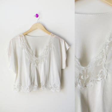 Vintage 70s White Sheer Cap Sleeve Lace Trim Cropped Cami Small-Med 