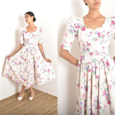 Vintage 1980s Dress / 80s Puff Sleeve Floral Cotton Dress / Pink ( medium M ) 