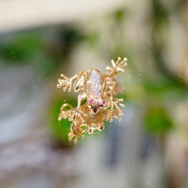 Vintage 14K Gold Diamond Frog Brooch/Pendant, Stunning Diamond Encrusted Yellow &amp; White Gold Frog Pin With Ruby Eyes, 14K 585 WLC Hallmark 