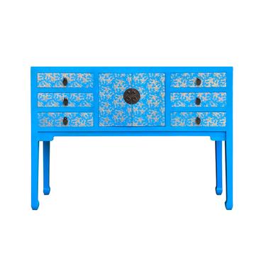 Bright Blue Lacquer Golden Flower Graphic Drawers Slim Foyer Side Table cs7153E 