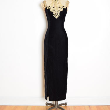 vintage early 90s dress black velvet metallic gold glitter choker maxi evening gown S M clothing 