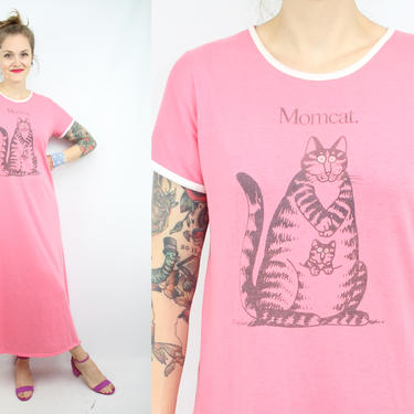 Vintage 80's Pink MOMCAT. T-shirt Nightgown Dress / 1980's Soft T-shirt Sleep Dress / Cats / Kittens / Women's Size Medium - Large - XL by Ru