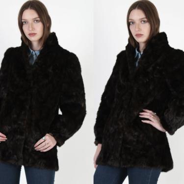 Vintage 80s Mahogany Mink Fur Coat Short Shawl Collar Puff Sleeve Overcoat Jacket 