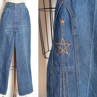 vintage 70s jeans embroidered denim stars high waisted hippie boho pants S clothing 