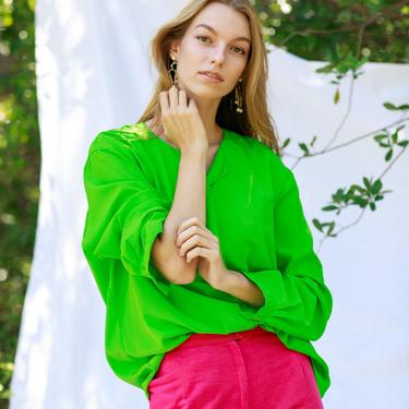80s Bright Green Long Sleeve Top Vintage Colorful Button Down Blouse 