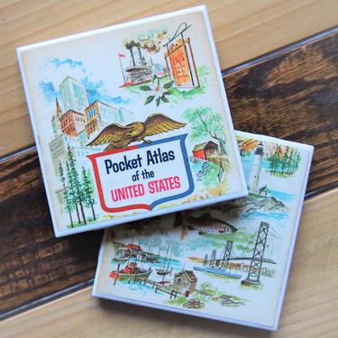 United States Vintage Esso Atlas Cover Art Coasters - Set of 2 - Ceramic Tile - Repurposed 1960s Pocket Atlas of the US - Handmade - USA 