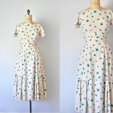 Ethel silk 1940s dress, turquoise floral dress, vintage clothing, floral midi dress 