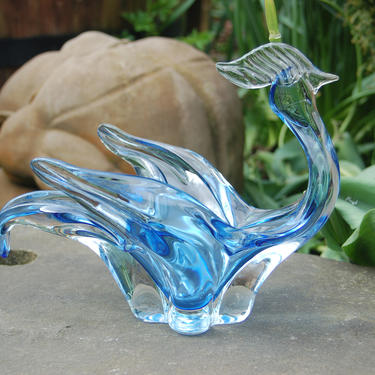 Mid Century Modern Crystal Blue Chalet Lorraine Art Glass Sculpture Figurine Bowl, Free Form Art Glass Rooster, Peacock, Bird Center Piece 