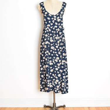 vintage 90s dress navy daisy print deep scoop babydoll grunge maxi floral M L clothing 