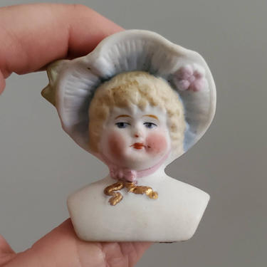 Antique Hertwig Bonnet Head Doll - Head only - with Fancy Molded Bonnet - 2&quot; Tall - Antique German Dolls - Collectible Dolls - Doll Parts 