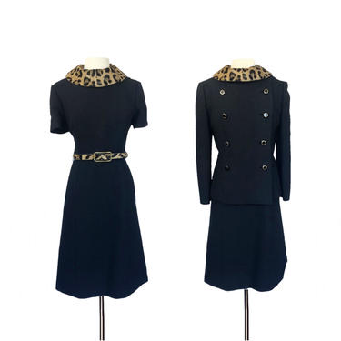 Vintage 60s wool dress &amp; jacket set| cheetah print fur collar| Gertrude Frank for Gary Keehn| double breasted jacket 