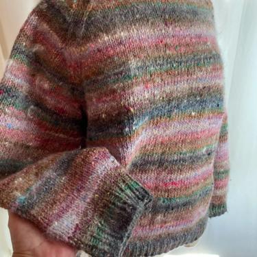 90’s Soft earthy pastels~ striped soft fuzzy sweater~ hand knit /crocheted striped~ angora wool blend~ nubby size medium 
