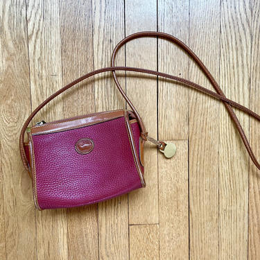 Vintage Dooney And Bourke Maroon Red and British Tan Small Mini Zip Top Crossbody Purse, Rare Size 
