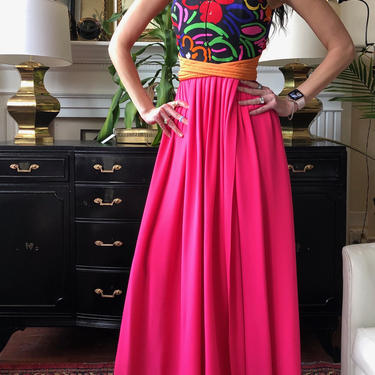 Geoffrey Beene Pink Silk Jersey Dress with Black Floral Front Zip Bodice 