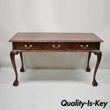 Chippendale Mahogany 3 Drawer Ball &amp; Claw Rope Carved Console Sofa Hall Table