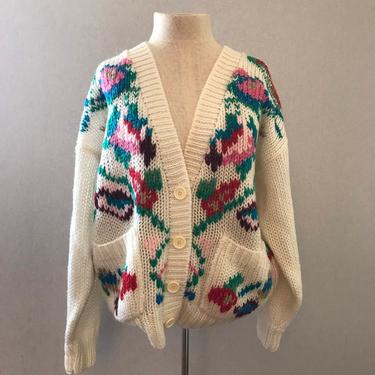 Vintage Hand Knit Floral Cardigan Sweater 