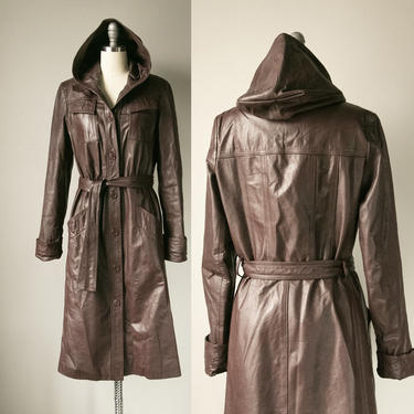 1970s Leather Jacket Hooded Brown Trench Coat S 