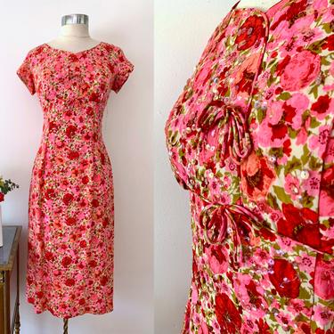 1960s Silk Floral Sequined Pink &amp; Red Party Dress / Vintage Floral Fitted Dress w Bows on Bodice / Empire Waist Dress / Size 6/8 Medium 