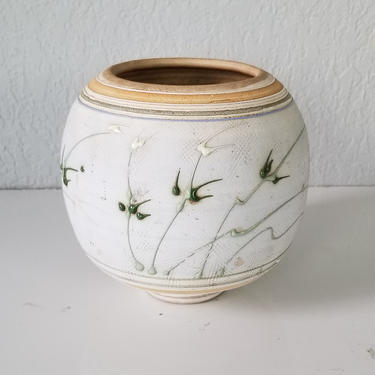 1980s Studio Pottery Vase with Abstract Flowers Pattern 