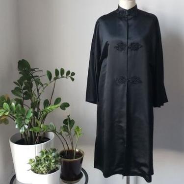Vintage 60s/70s Dynasty for Lord & Taylor Coat | Asian Silk Satin Black Coat Dress 
