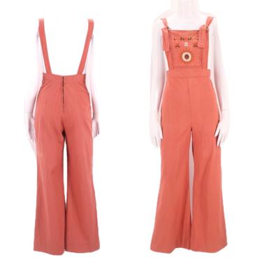 70s embroidered denim bell bottoms overalls 6 / vintage 1970s salmon cotton jumpsuit one piece sz 6 / m 