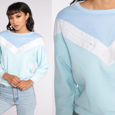 80s Chevron Sweatshirt Pastel Baby Blue White Sweater Color Block Striped Shirt Slouchy Pullover Vintage 1980s Small S 