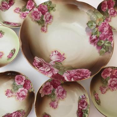 Antique Victorian Rose Salad Serving Bowl and Matching Bowls 7 PC Set- West Germany SMF 1900 - 
