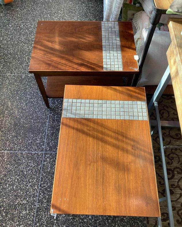 Two mid century tile inlay end tables. 19.5” x28” 20” 