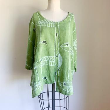 Vintage 2000s Green Linen Fish Novelty Print Top / one size fits most 
