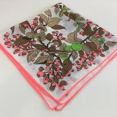 Vintage Square Scarf Hot Pink White Brown Lime Green Hand Rolled Handkerchief Hanky Ascot Mid-Century Retro MCM 