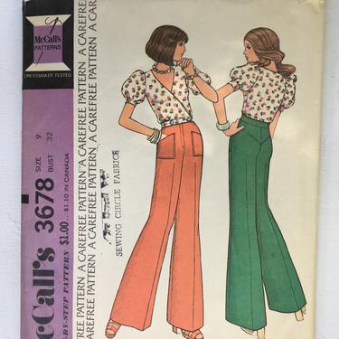 70's Sewing Pattern McCall's 3678, Size 9 Bust 32, Wide Leg Pants With Back Yoke, Bell Bottoms, Shirt With Short Puffed Sleeves, UNCUT 