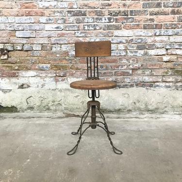 Antique Twisted Wire Industrial Oak Parlor Stool 