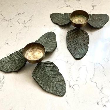 Pair of Vintage Patina Brass 3 Leaf Pedal Tea LIght or Votive  Candle Holders Made in India by LeChalet