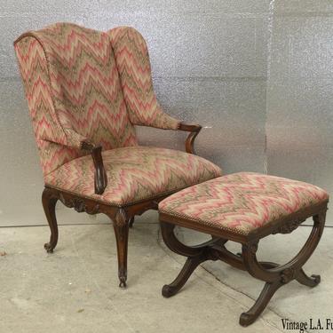 Vintage Wingback French Provincial Papa Bear Style Rose Accent Chair &amp; Ottoman 