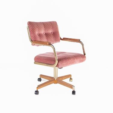 Mid Century Pink Velvet and Brass Rolling Office Desk Chair - mcm 
