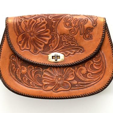 Vintage 1960s 1970s Clutch | 60s 70s Floral Tooled Leather Purse Western Bohemian Twist Lock Handbag 