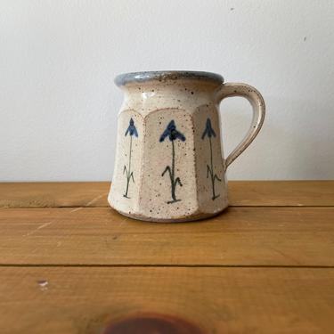 Vintage Hand-thrown Studio Pottery Stoneware Salt Glaze Blue Flower Coffee Mug 