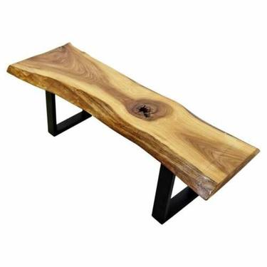 Contemporary Minimalist Rectangular Live Edge Elm Wood Coffee Table Bench Seat 