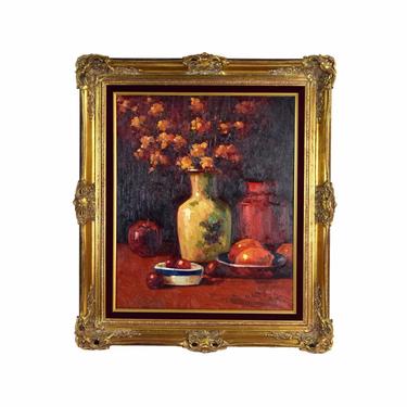 Vintage Impressionist Still Life Painting Vase with Flowers Fruit signed Harper 