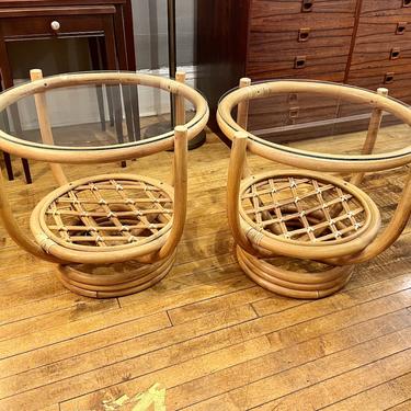 A Pair of Boho Rattan Glass Top Side Tables