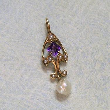 Antique 14K Gold Lavaliere Pendant With Amethyst and Pearls, Antique Gold Lavaliere Pendant, Bridal Jewelry  (#3904) 