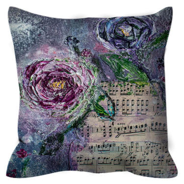 Outdoor Pillow Floral Roses Music Notes ~ Flowers Throw Pillow ~ Musical Notes ~ Original Floral Art ~ Outdoor Décor ~ Boho Chic Pillow 