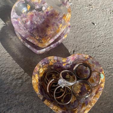 Resin Amethyst and Gold Leaf Crystal Filled Heart Catchall Card Holder Jewelry Ring Holder Tealight Holder 
