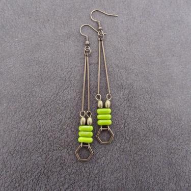 Minimalist lime green earrings, bronze mid century earrings, statement earrings, brutalist earrings, Chartreuse earrings, simple dangle 