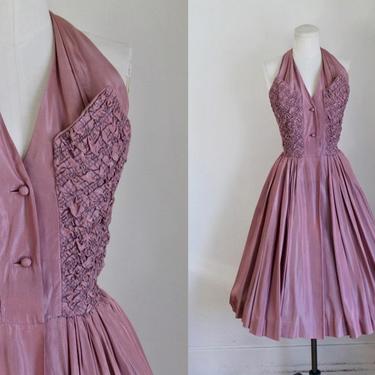 Vintage 1950s Mauve Pink Taffeta Halter Dress / size XS 